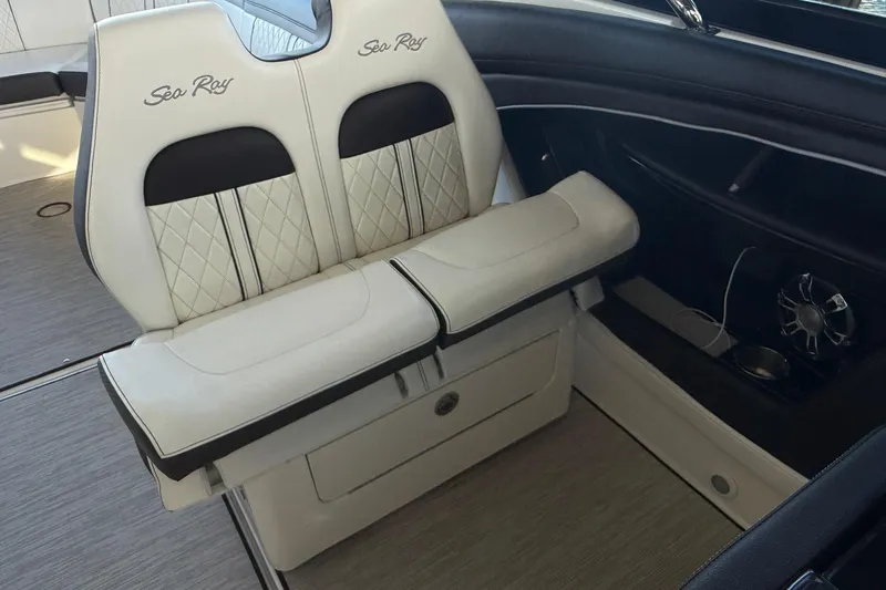 Manda Rae Too Yacht Photos Pics Luxurious seating on 2018 Sea Ray 38SLV OB boat, featuring rotating elegant design and comfort.