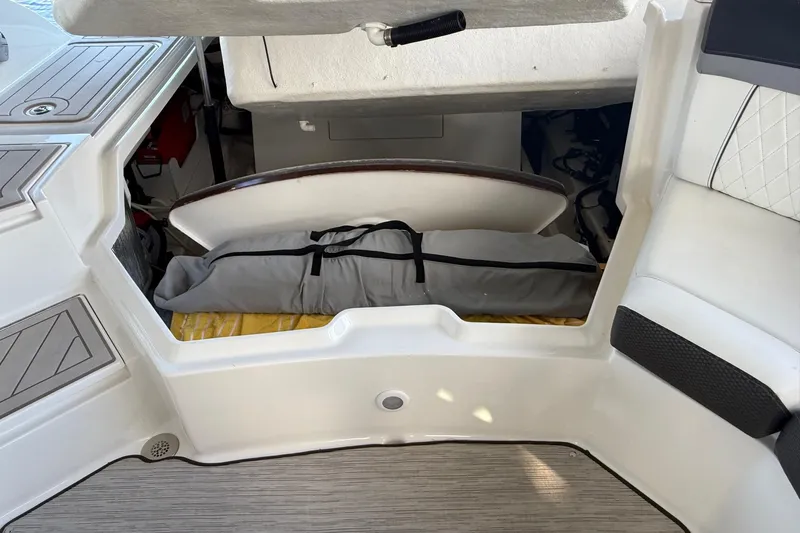 Manda Rae Too Yacht Photos Pics Storage compartment in a 2018 Sea Ray 38SLV OB boat with gear and equipment.