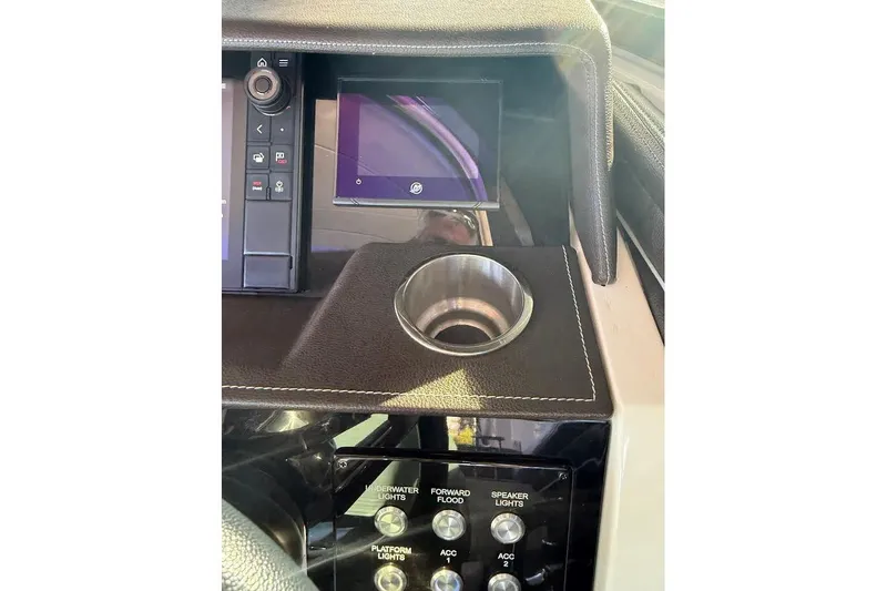 Manda Rae Too Yacht Photos Pics Dashboard of 2018 Sae Ray 38SLV OB with control panel and cup holder.