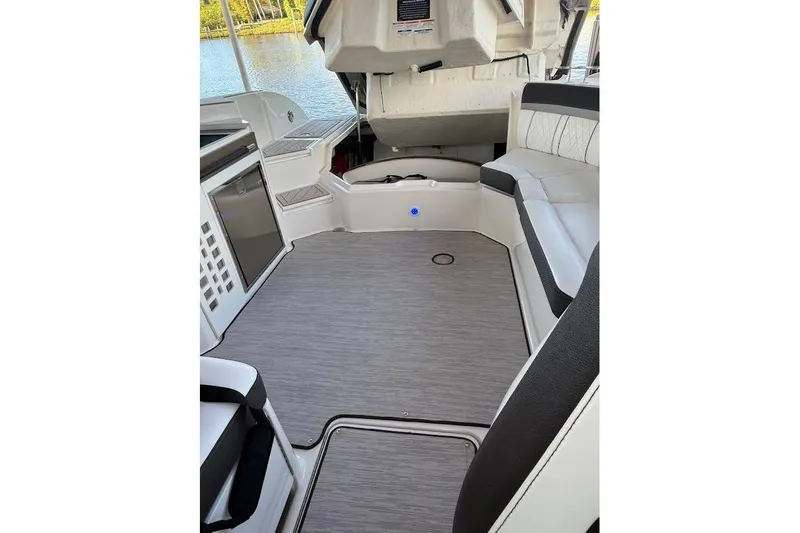 Manda Rae Too Yacht Photos Pics 2018 Sea Ray 38SLV OB boat interior with seating and storage, docked by a lake