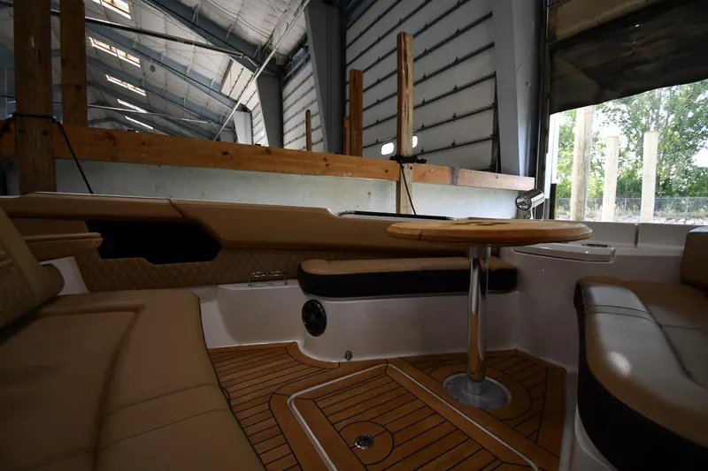  Yacht Photos Pics 2020 Sea Ray SLX 400 Outboard interior with teak flooring and seating area.