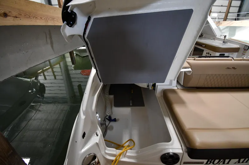  Yacht Photos Pics 2020 Sea Ray SLX 400 Outboard boat interior with open storage compartment.