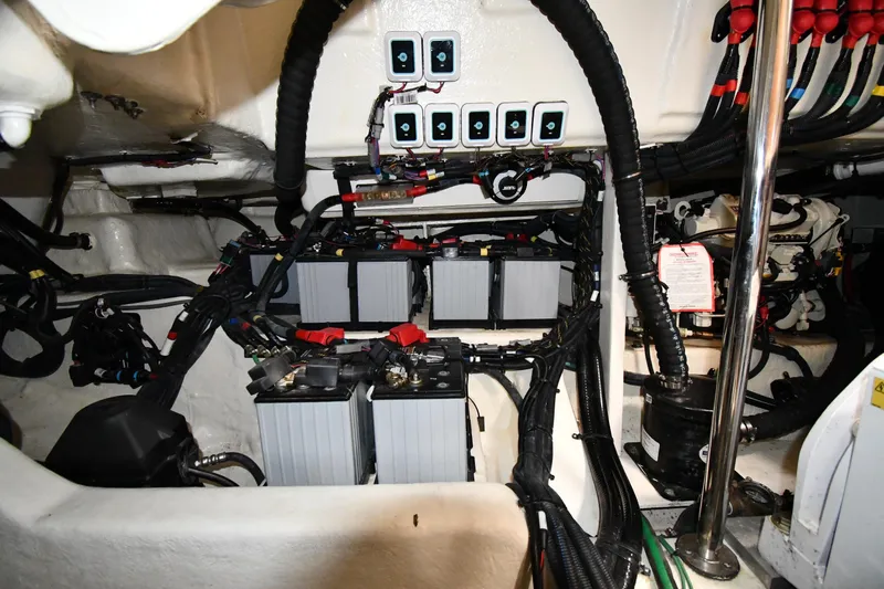  Yacht Photos Pics Engine compartment of 2020 Sea Ray SLX 400 Outboard with batteries and wiring.