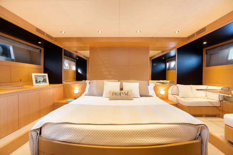  Yacht Photos Pics Luxurious bedroom interior of 2012 Riva 75 Venere yacht with modern design.