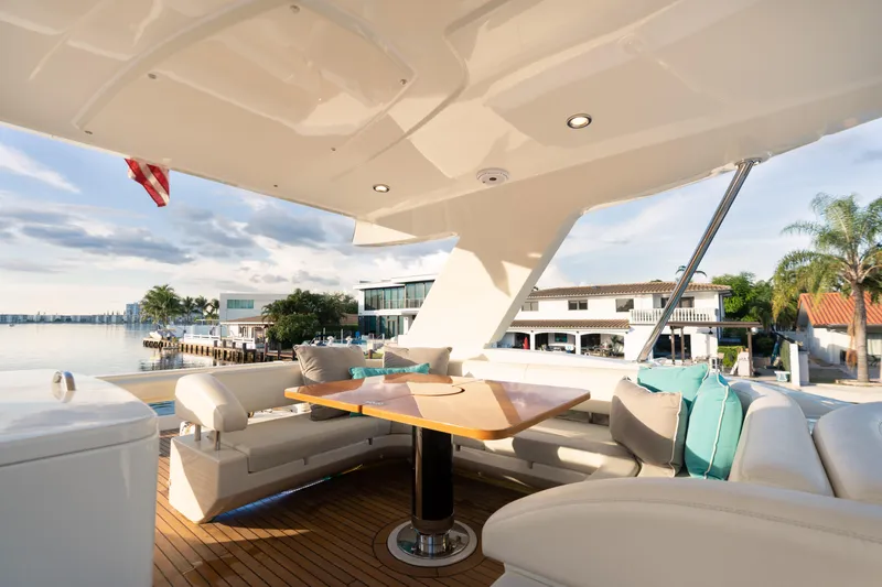  Yacht Photos Pics Luxury deck of 2012 Riva 75 Venere yacht with waterfront view.