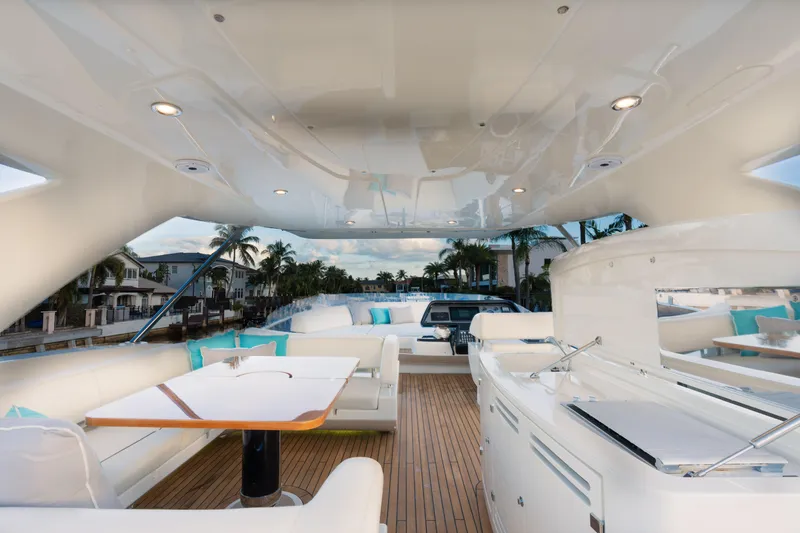  Yacht Photos Pics Luxurious deck of a 2012 Riva 75 Venere yacht with elegant seating and dining area.