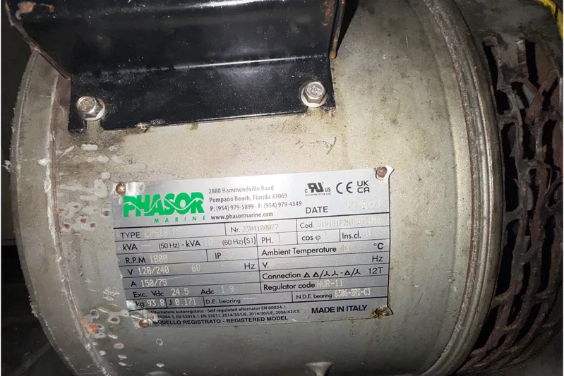  Yacht Photos Pics Phasor Marine generator label on Azimut 55E, 2006 model, showing specifications and contact details.