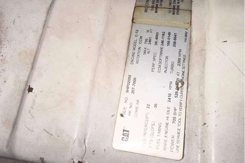  Yacht Photos Pics Engine specifications label on a 2006 Azimut 55E yacht, featuring CAT C-12 details.