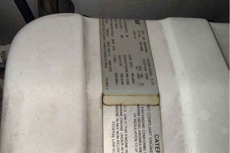  Yacht Photos Pics Engine label on 2006 Azimut 55E yacht, displaying technical specifications and compliance information.