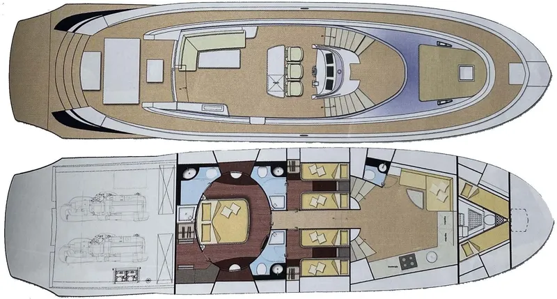 Ea Yacht Photos Pics Floor plan of a 2010 Custom Wake 66 yacht, showcasing upper and lower deck layouts.