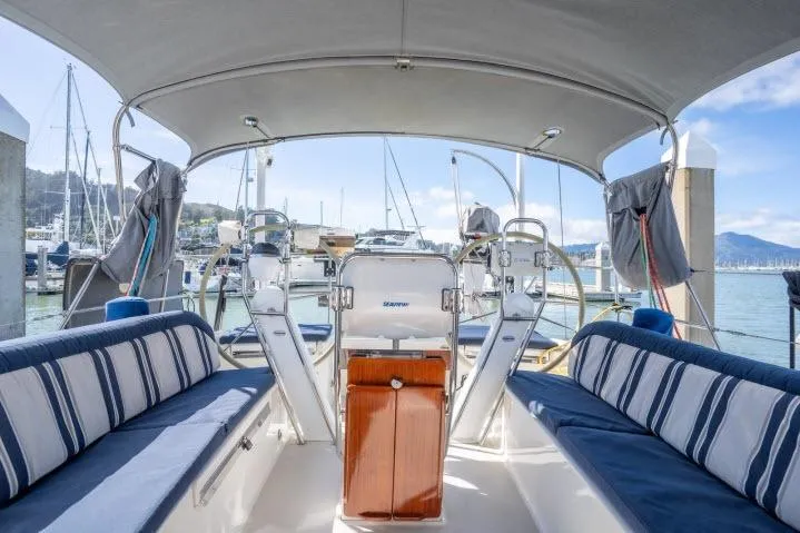Resolute Yacht Photos Pics Spacious interior of 2015 Blue Jacket 40 sailboat docked at marina.