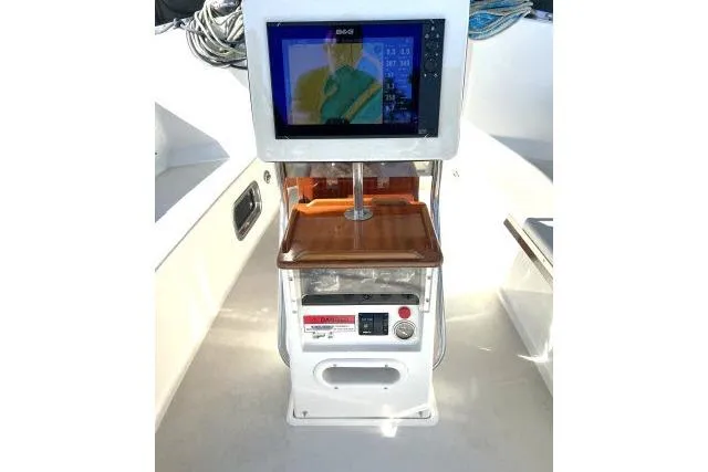 Resolute Yacht Photos Pics Control panel on a 2015 Blue Jacket 40 boat with navigation display.