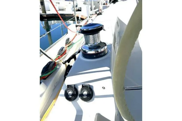 Resolute Yacht Photos Pics Sailboat deck of 2015 Blue Jacket 40 with winch and ropes at marina.