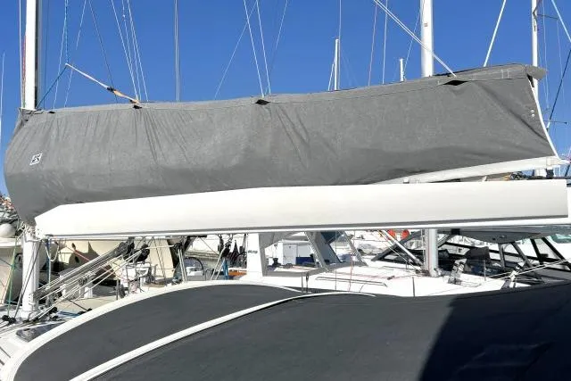 Resolute Yacht Photos Pics Sailboat with covered sails, Blue Jacket 40, 2015 model, docked at marina.
