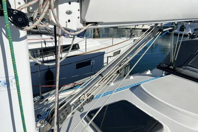 Resolute Yacht Photos Pics Sailboat rigging on a 2015 Blue Jacket 40, docked at a marina.