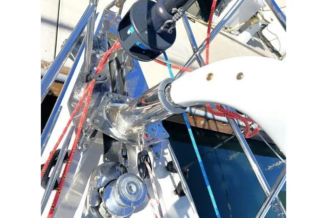 Resolute Yacht Photos Pics Close-up of Blue Jacket 40 sailboat rigging and winch, 2015 model.