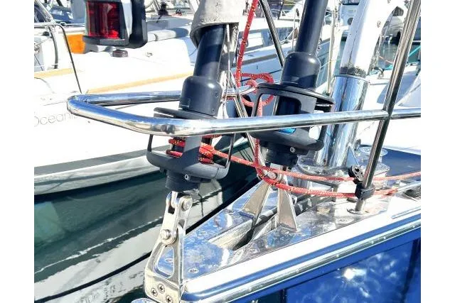 Resolute Yacht Photos Pics Close-up of a 2015 Blue Jacket 40 sailboat's bow with rigging and hardware.