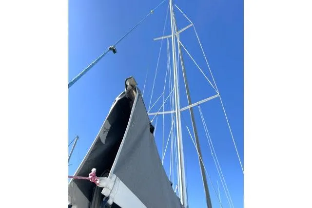 Resolute Yacht Photos Pics Sailboat mast and rigging of 2015 Blue Jacket 40 against clear blue sky.