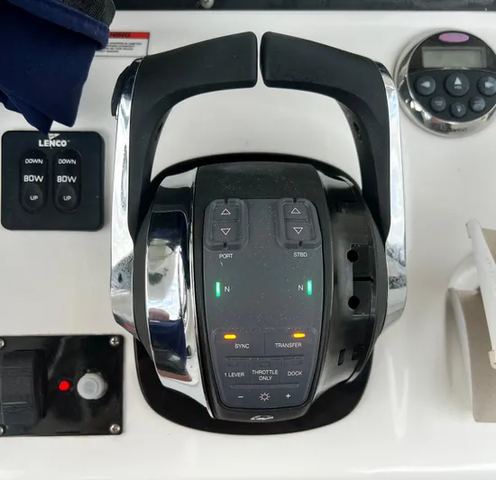  Yacht Photos Pics Throttle controls on a 2008 Boston Whaler 320 Outrage boat dashboard.