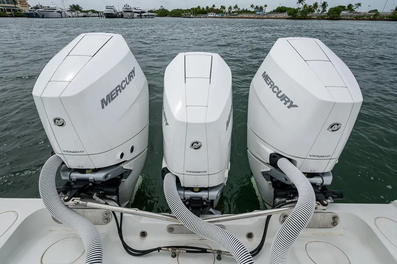  Yacht Photos Pics Triple Mercury outboard engines on a 2013 Yellowfin 39 Offshore boat.