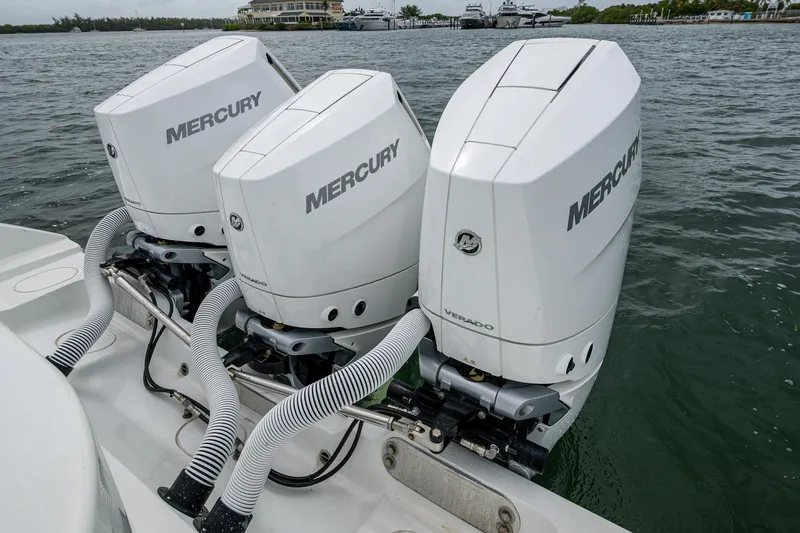  Yacht Photos Pics Triple Mercury outboard engines on a 2013 Yellowfin 39 Offshore boat.