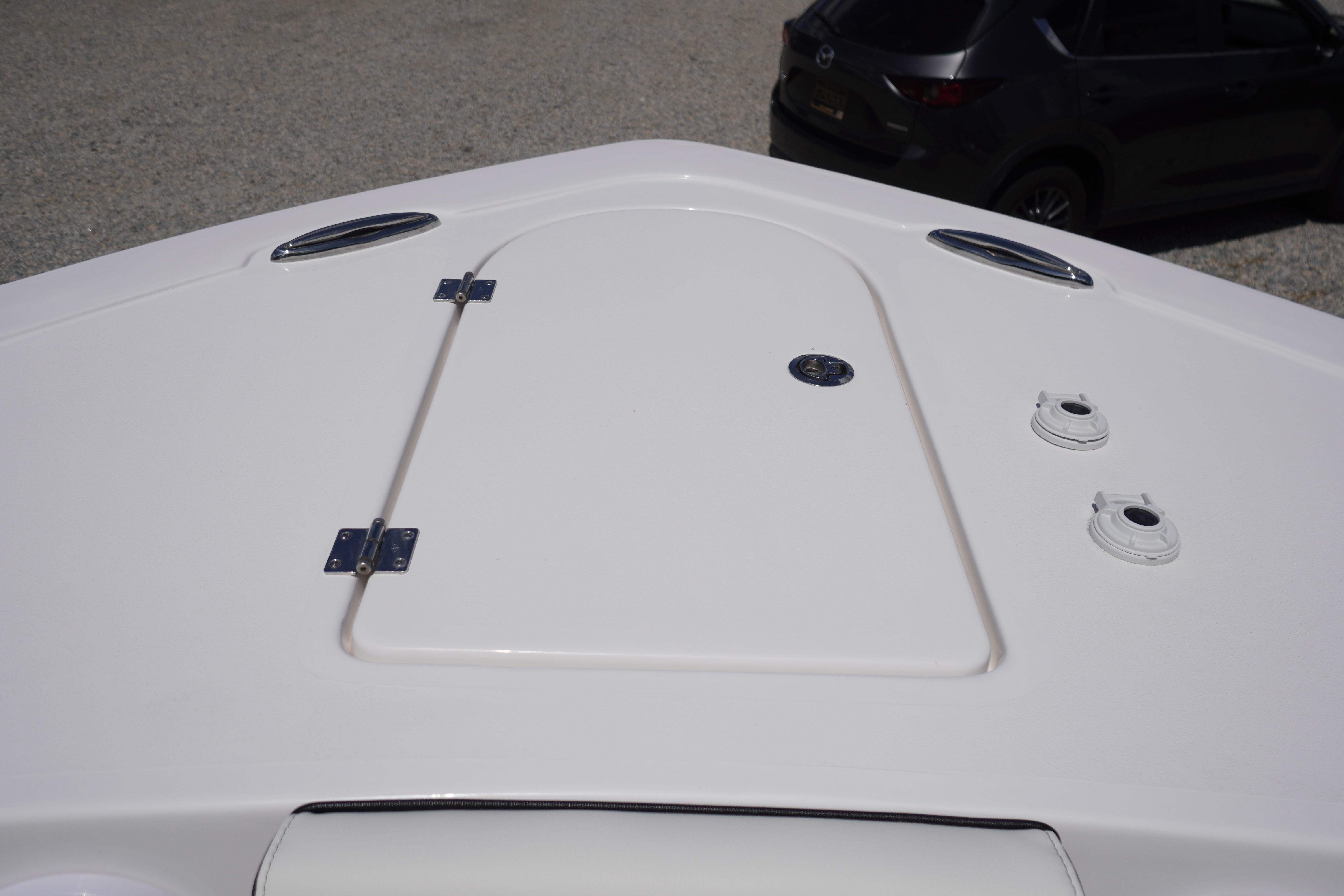 2026 Tidewater 232 LXF boat deck with hatch and fittings.