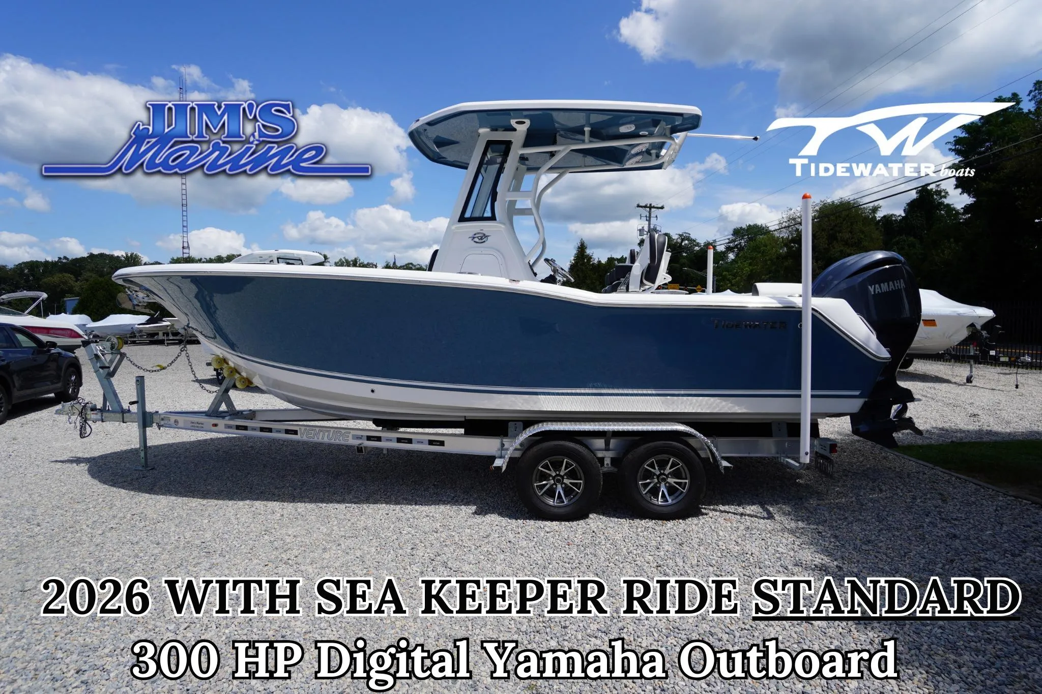 2026 Tidewater 232 LXF boat with 300 HP Yamaha outboard on trailer at Jim's Marine.