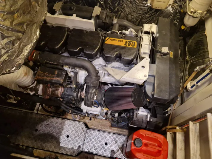  Yacht Photos Pics Engine compartment of a 2010 Princess V62 yacht, featuring a CAT engine.