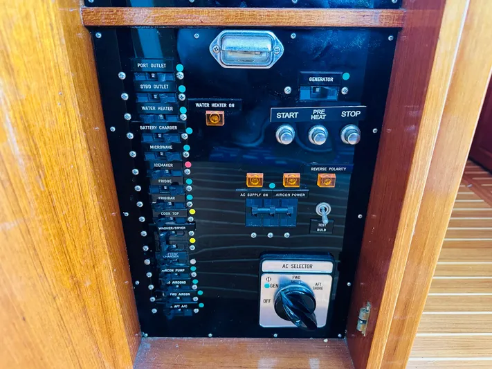 Liberty Yacht Photos Pics Electrical control panel on a 2003 Grand Banks 46 Europa yacht.