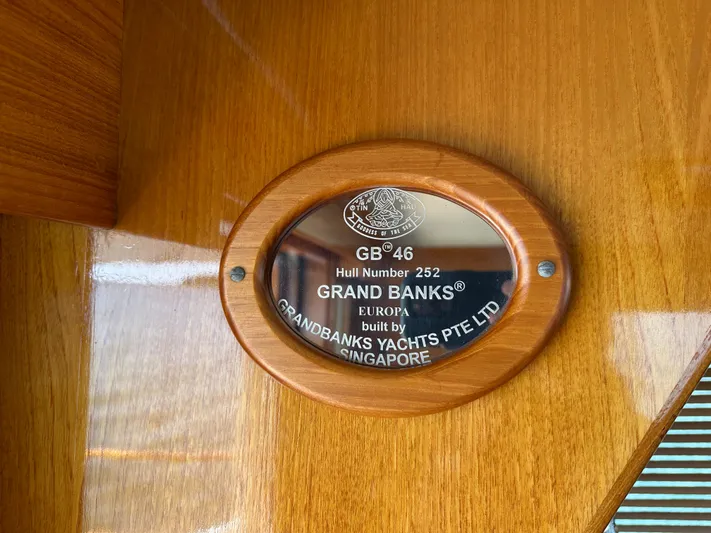 Liberty Yacht Photos Pics Plaque on 2003 Grand Banks 46 Europa yacht, hull number 252, built in Singapore.