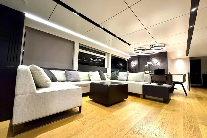 Maoria Yacht Photos Pics Luxurious interior of 2021 Numarine 26XP yacht with modern furnishings and elegant lighting.