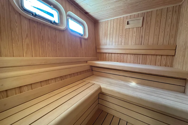 Maoria Yacht Photos Pics Luxurious wooden sauna interior on 2021 Numarine 26XP yacht.