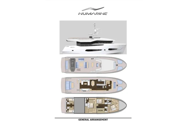 Maoria Yacht Photos Pics Numarine 26XP 2021 yacht layout with side view and deck plans.