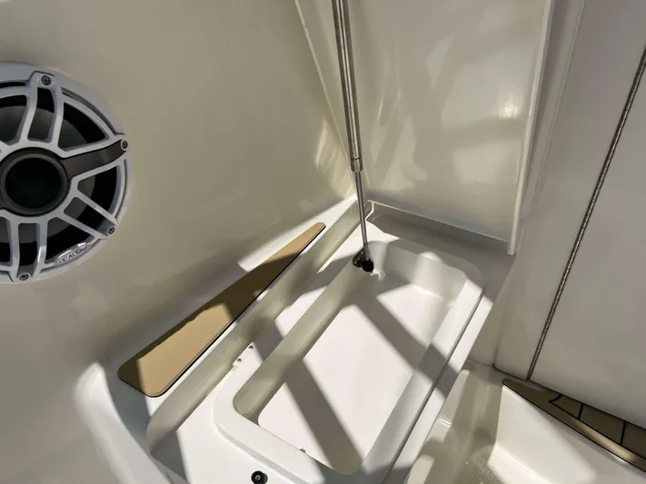  Yacht Photos Pics 2022 Henriques 42 Express Hardtop interior detail with speaker and storage compartment.