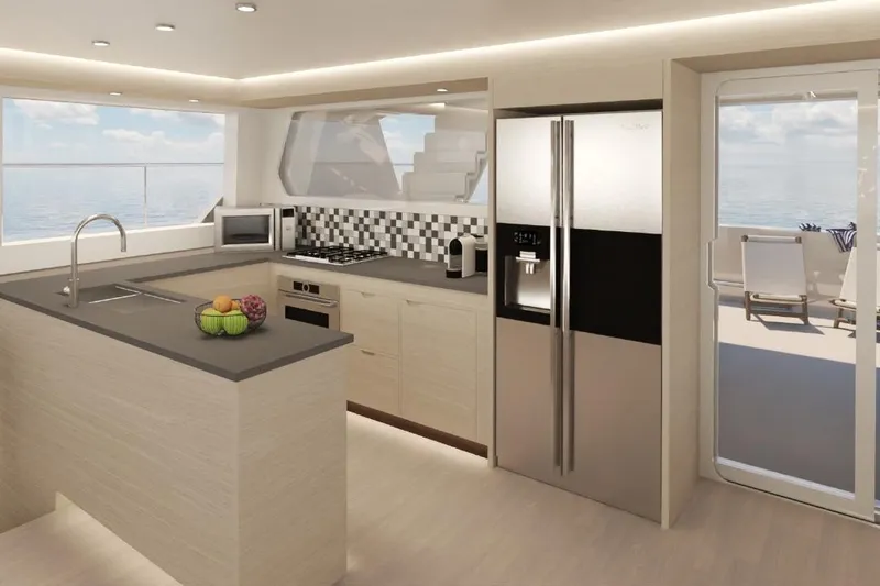  Yacht Photos Pics Modern kitchen interior on 2024 Leeuwin 55 yacht with sleek appliances and ocean view.