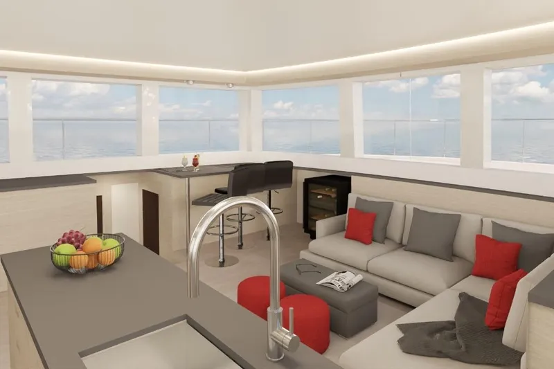  Yacht Photos Pics Luxurious interior of 2024 Leeuwin 55 yacht with modern kitchen and cozy seating area.