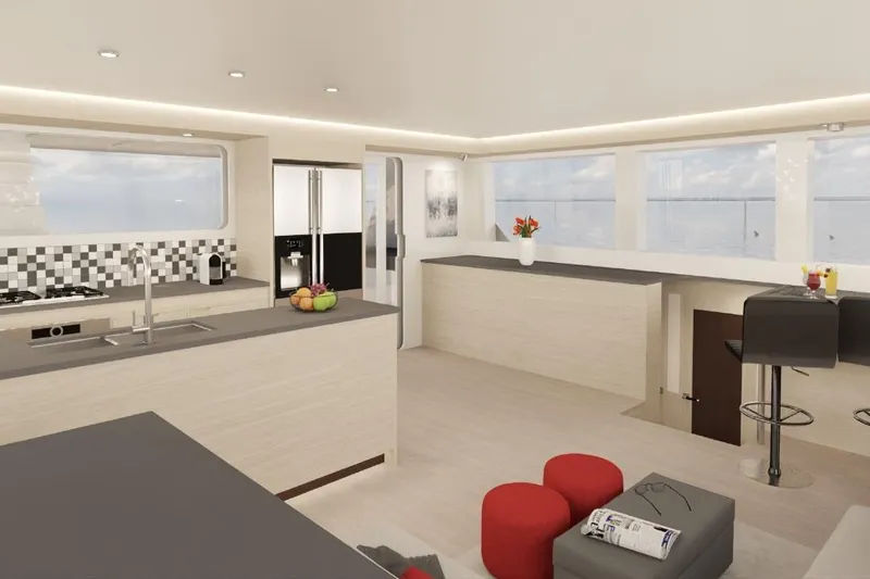  Yacht Photos Pics Modern interior of 2024 Leeuwin 55 yacht with sleek kitchen and stylish seating.