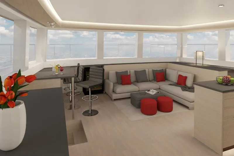  Yacht Photos Pics Luxurious 2024 Leeuwin 55 yacht interior with modern seating, bar stools, and ocean views.