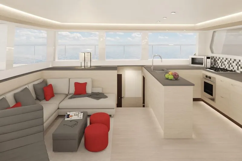  Yacht Photos Pics Luxurious interior of 2024 Leeuwin 55 yacht with modern kitchen and cozy seating area.
