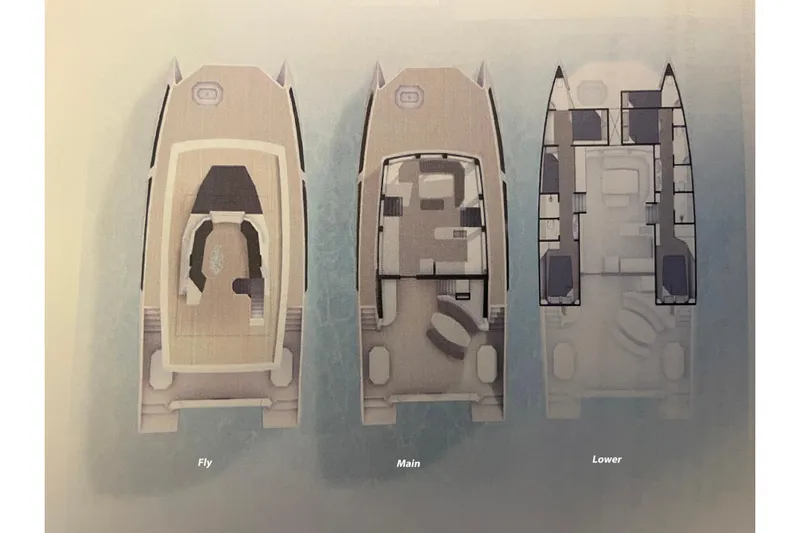  Yacht Photos Pics Deck plans of the 2024 Leeuwin 55 yacht, showcasing fly, main, and lower levels.