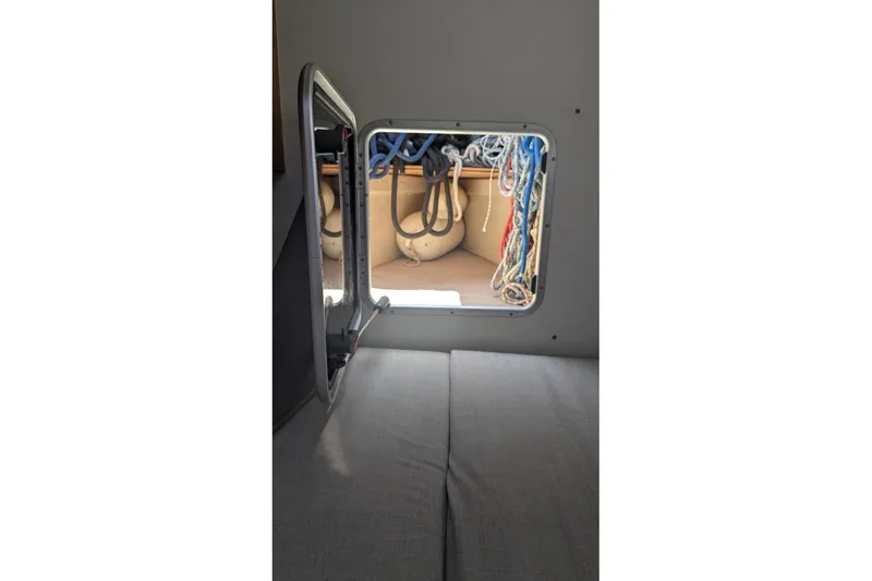 Sea Hugger Yacht Photos Pics Interior view of Nautitech 40 Open 2016 catamaran with open hatch and ropes.