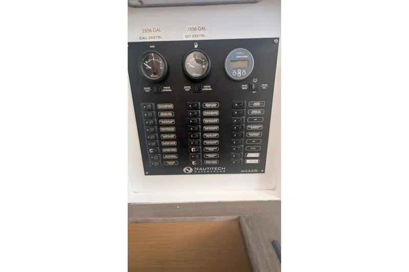 Sea Hugger Yacht Photos Pics Control panel of a 2016 Nautitech 40 Open catamaran with gauges and switches.
