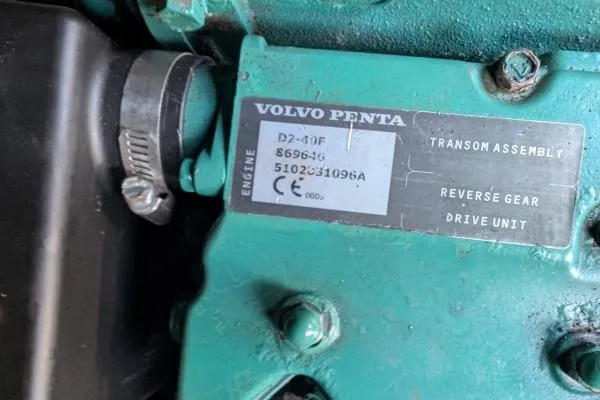 Sea Hugger Yacht Photos Pics Volvo Penta engine label on Nautitech 40 Open 2016, showing model and specifications.