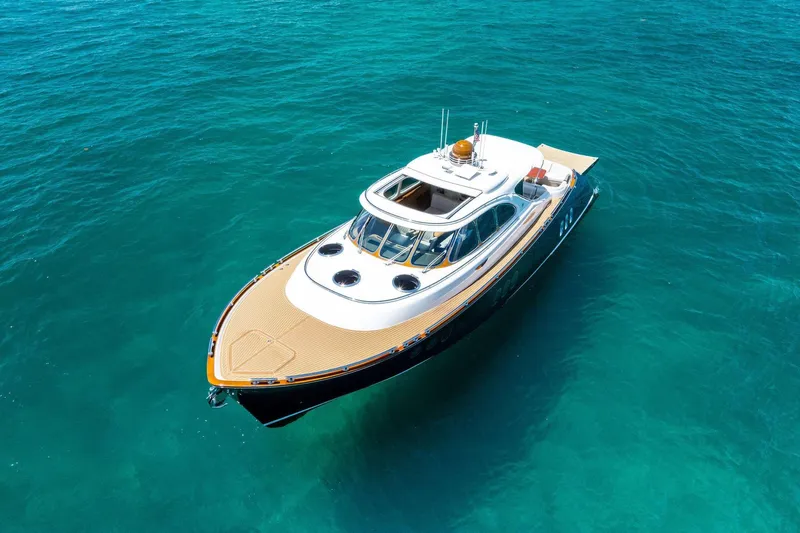 Dutch Yacht Photos Pics 2019 Zeelander Z55 yacht on clear turquoise water, aerial view.