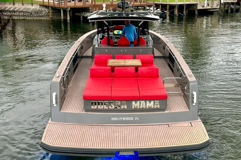 Odessa Mama Yacht Photos Pics 2023 Pardo Yachts 43 with red seating, docked in Hollywood, FL.