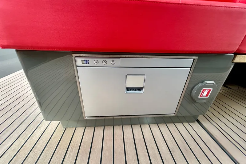 Odessa Mama Yacht Photos Pics Red seating and Isotherm fridge on 2023 Pardo Yachts 43 deck.