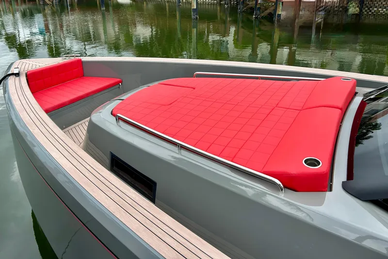 Odessa Mama Yacht Photos Pics 2023 Pardo Yachts 43 with red cushioned seating and sleek design on calm water.