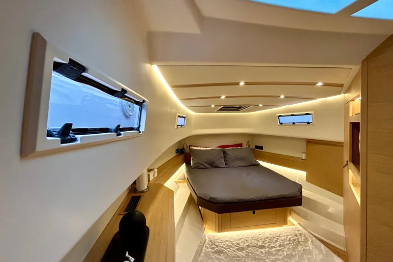 Odessa Mama Yacht Photos Pics Luxurious interior cabin of 2023 Pardo Yachts 43 with modern design and ambient lighting.