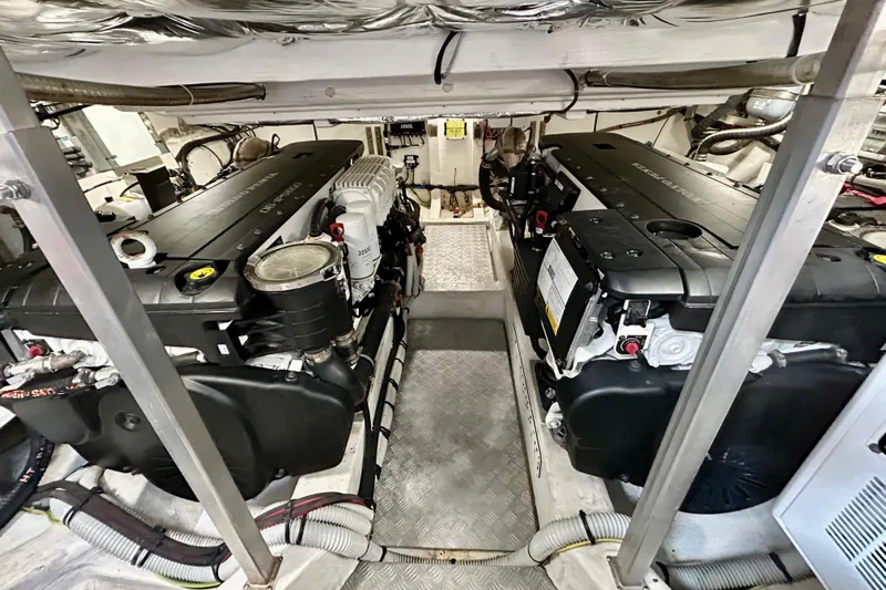 Odessa Mama Yacht Photos Pics Engine room of 2023 Pardo Yachts 43, showcasing dual engines and mechanical components.