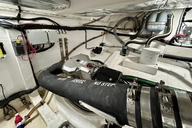 Odessa Mama Yacht Photos Pics Engine room of 2023 Pardo Yachts 43, featuring Volvo Penta components and complex wiring.